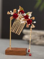 Classical Chinese Wedding Hair Pin Red Rose Hair Clip Hair Comb - Image 2