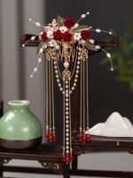Classical Chinese Wedding Hair Pin Red Rose Hair Clip Hair Comb - Image 3