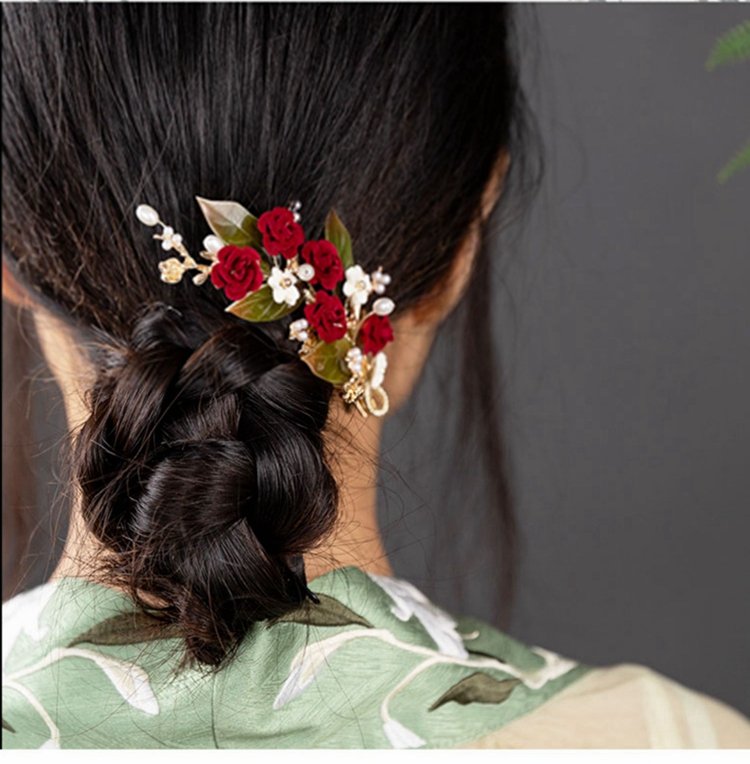 Classical Chinese Wedding Hair Pin Red Rose Hair Clip Hair Comb