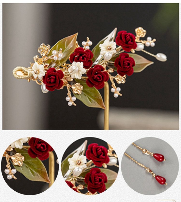 Classical Chinese Wedding Hair Pin Red Rose Hair Clip Hair Comb
