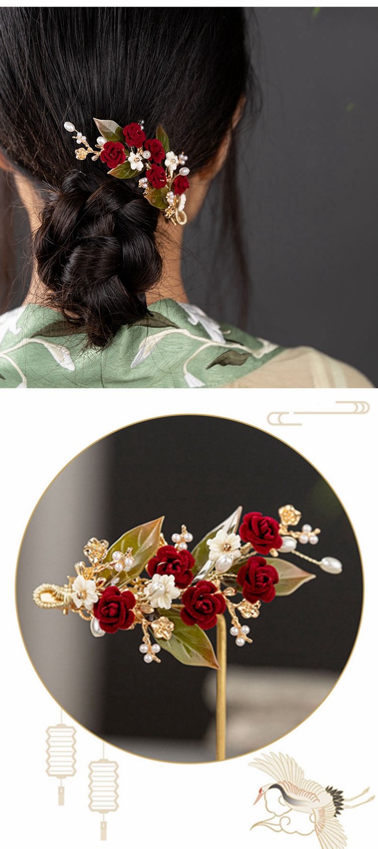 Classical Chinese Wedding Hair Pin Red Rose Hair Clip Hair Comb