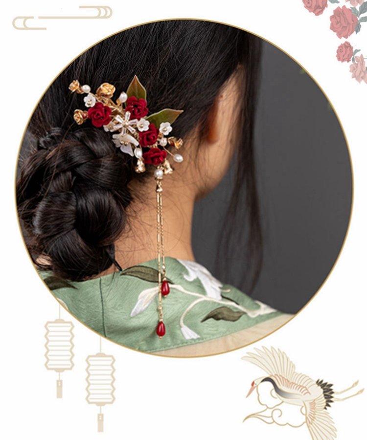 Classical Chinese Wedding Hair Pin Red Rose Hair Clip Hair Comb