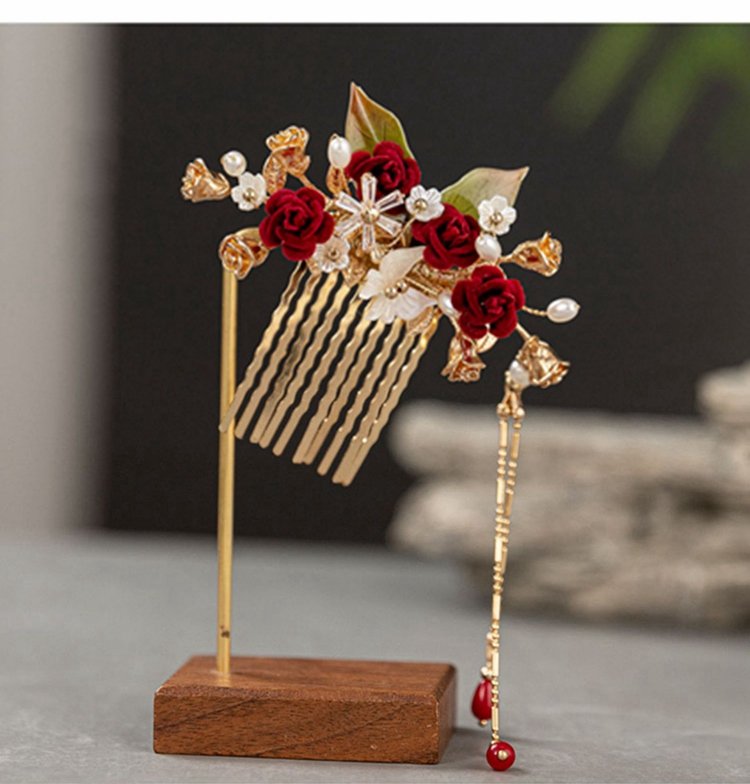 Classical Chinese Wedding Hair Pin Red Rose Hair Clip Hair Comb