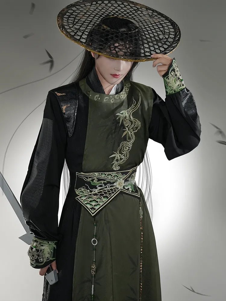 Cool Black Men's Hanfu Cosplay Round Neck Robe