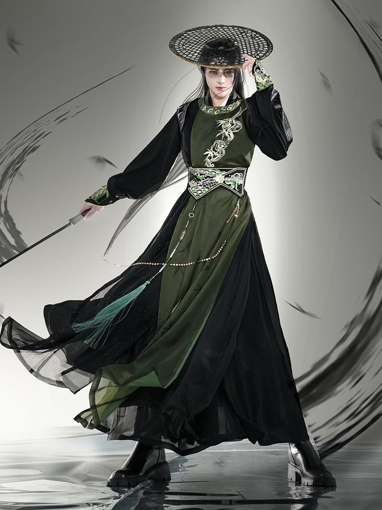 Cool Black Men's Hanfu Cosplay Round Neck Robe