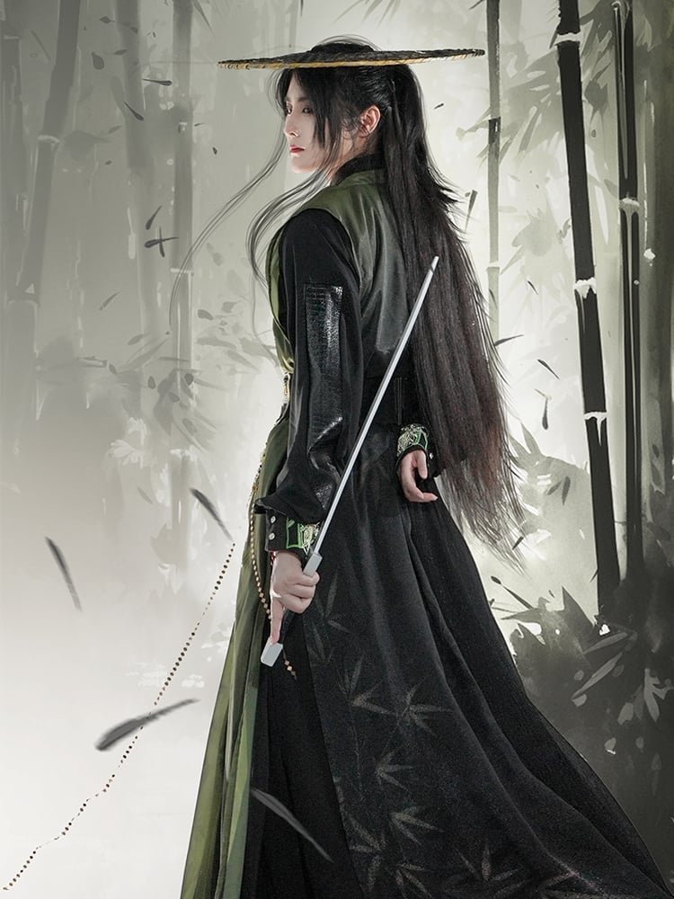 Cool Black Men's Hanfu Cosplay Round Neck Robe