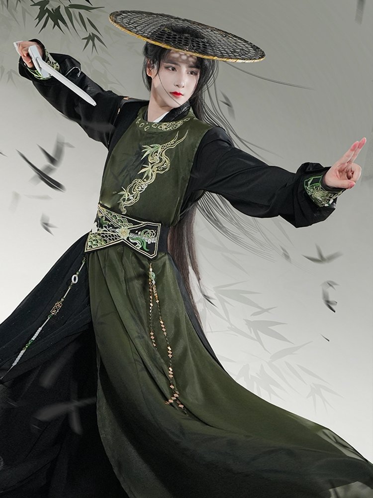 Cool Black Men's Hanfu Cosplay Round Neck Robe