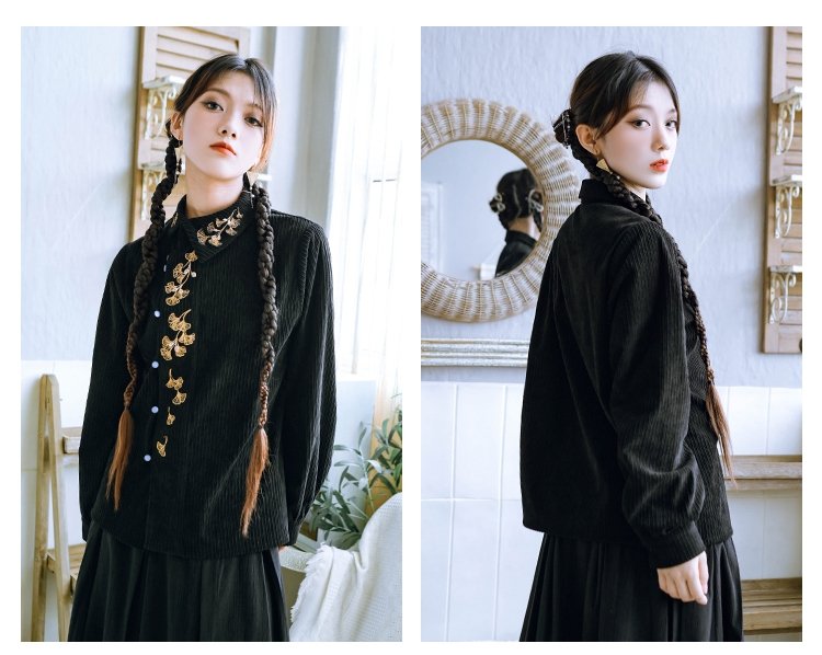 Embroidered Modern Hanfu Shirt Chinese Corduroy Top