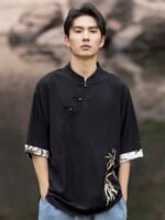 Embroidery Linen T Shirt Men Chinese Tang Style Top