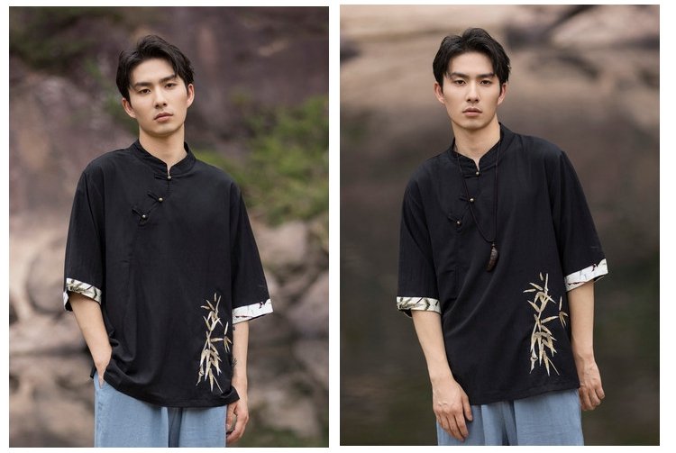 Embroidery Linen T Shirt Men Chinese Tang Style Top