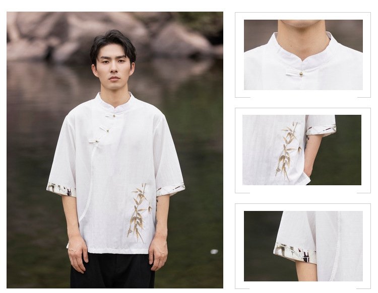 Embroidery Linen T Shirt Men Chinese Tang Style Top
