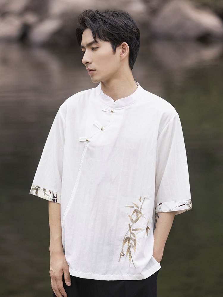 Embroidery Linen T Shirt Men Chinese Tang Style Top