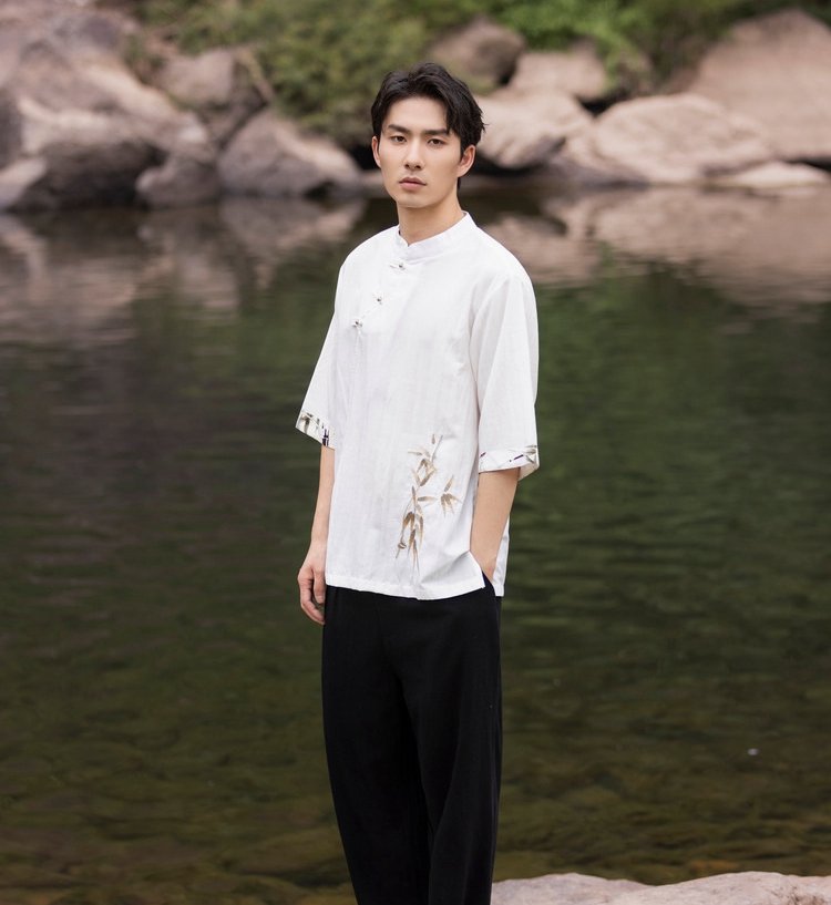 Embroidery Linen T Shirt Men Chinese Tang Style Top