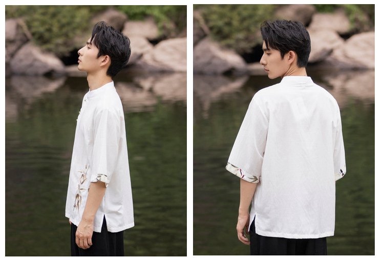 Embroidery Linen T Shirt Men Chinese Tang Style Top