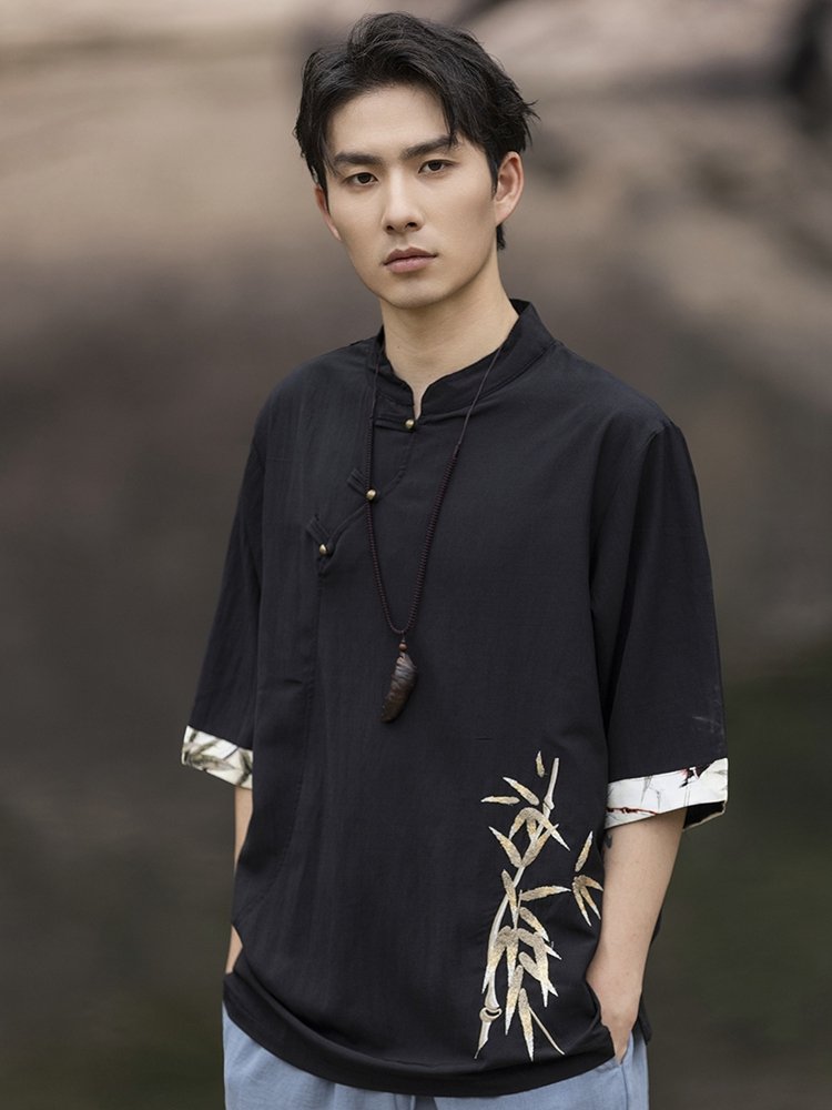 Embroidery Linen T Shirt Men Chinese Tang Style Top