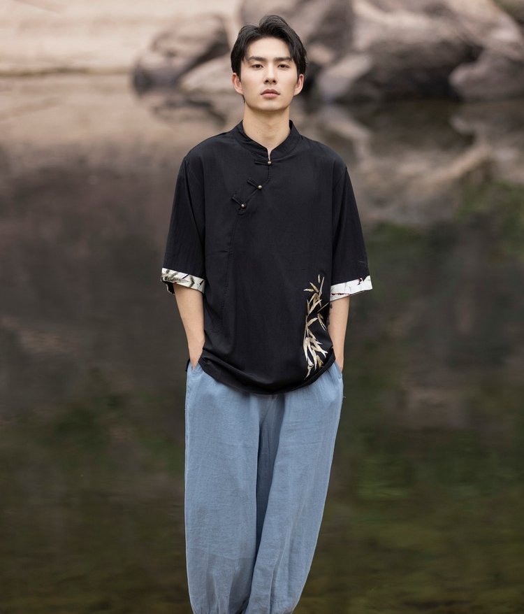 Embroidery Linen T Shirt Men Chinese Tang Style Top