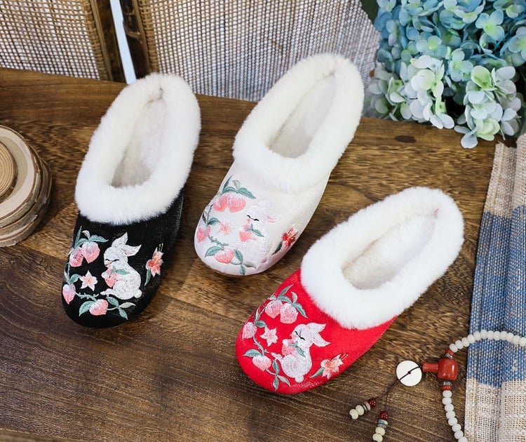 Ethnic Style Embroidered Plush Slippers Comfortable Flat-bottomed Shoes