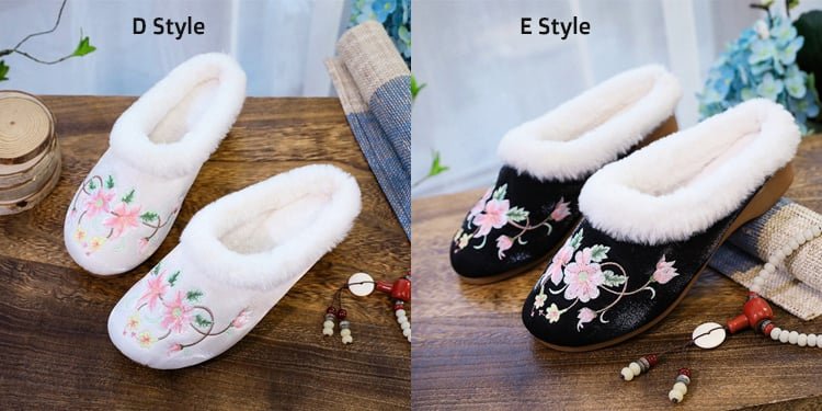 Ethnic Style Embroidered Plush Slippers Comfortable Flat-bottomed Shoes