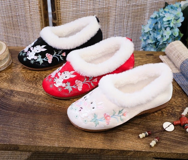 Exquisite Ethnic Embroidered Plush Slippers Womens