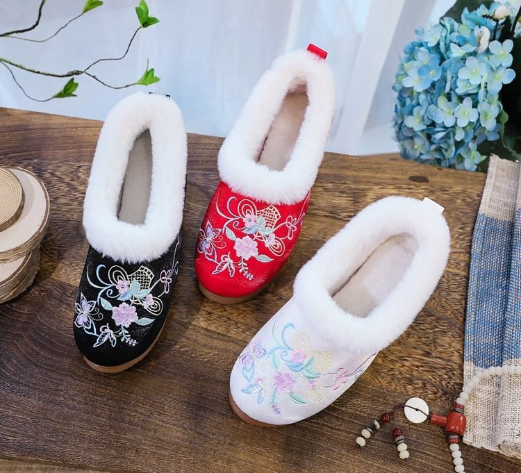 Exquisite Ethnic Embroidered Plush Slippers Womens