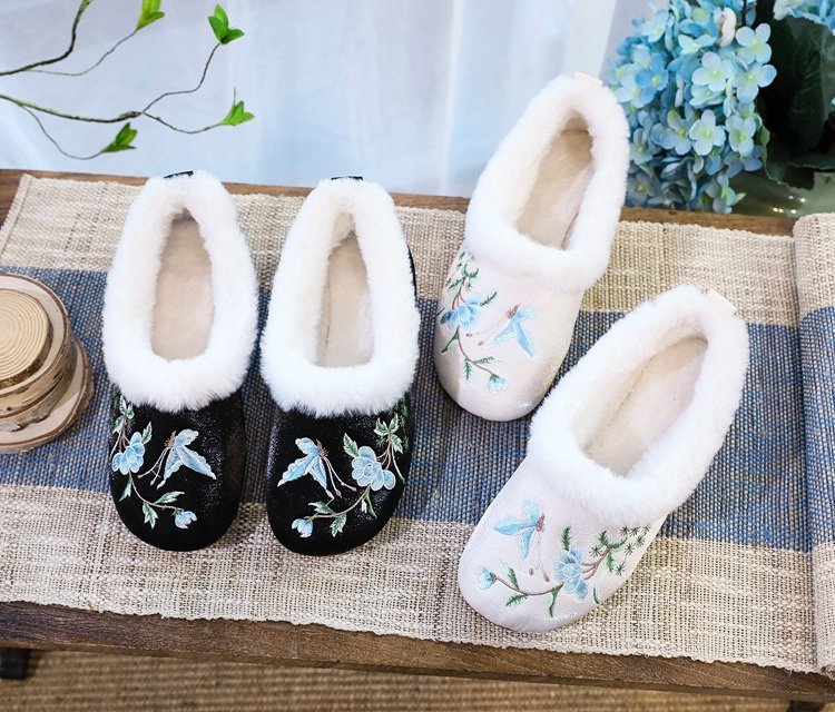 Exquisite Ethnic Embroidered Plush Slippers Womens
