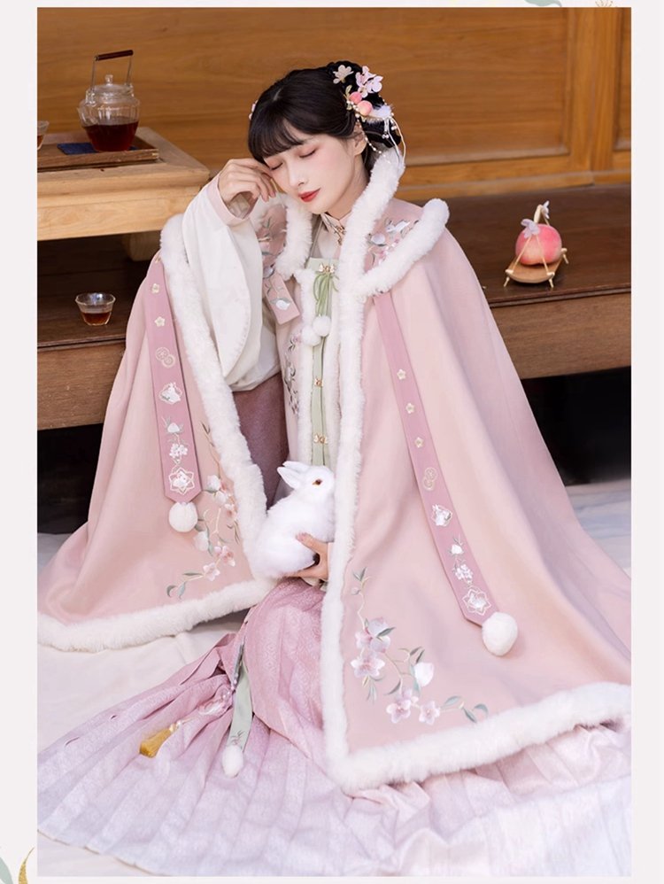 Fashion Hanfu Plush Long Pink Cloak Winter