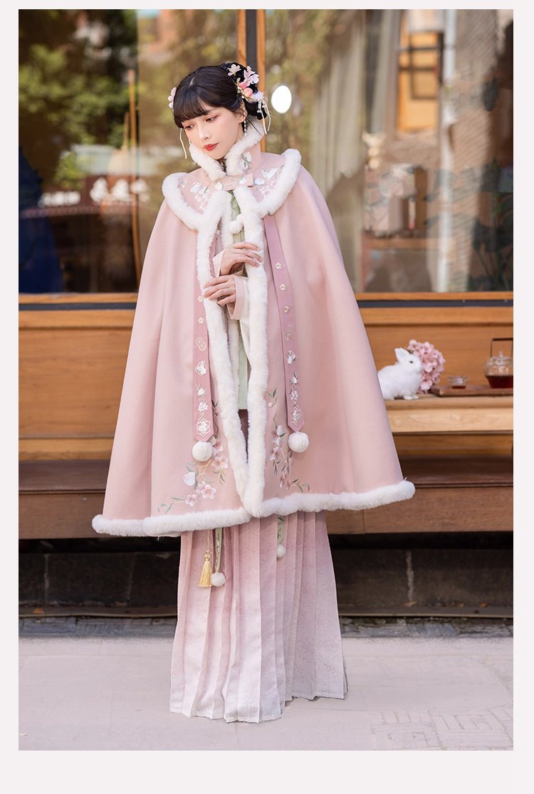 Fashion Hanfu Plush Long Pink Cloak Winter