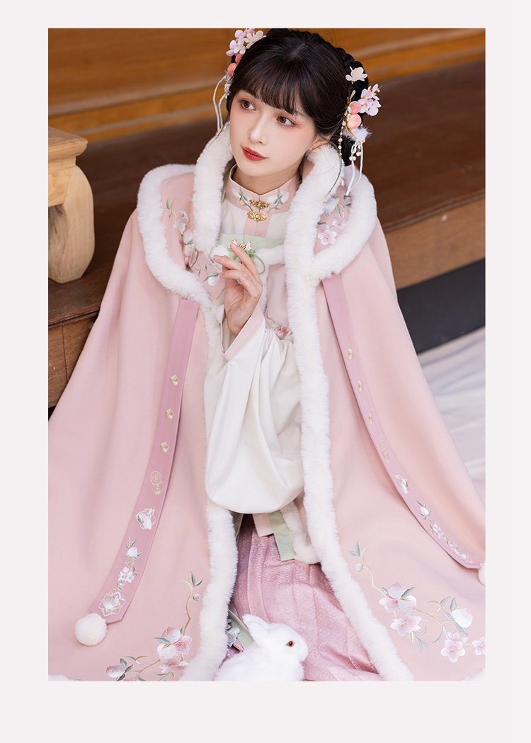 Fashion Hanfu Plush Long Pink Cloak Winter