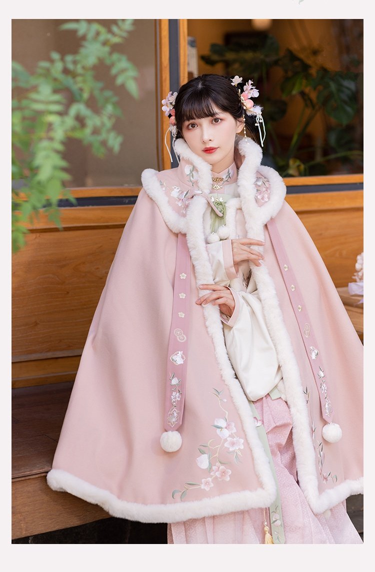 Fashion Hanfu Plush Long Pink Cloak Winter