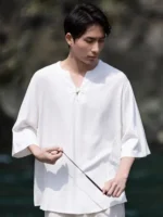 Linen Men Shirt V-Neck Tang Suit Top
