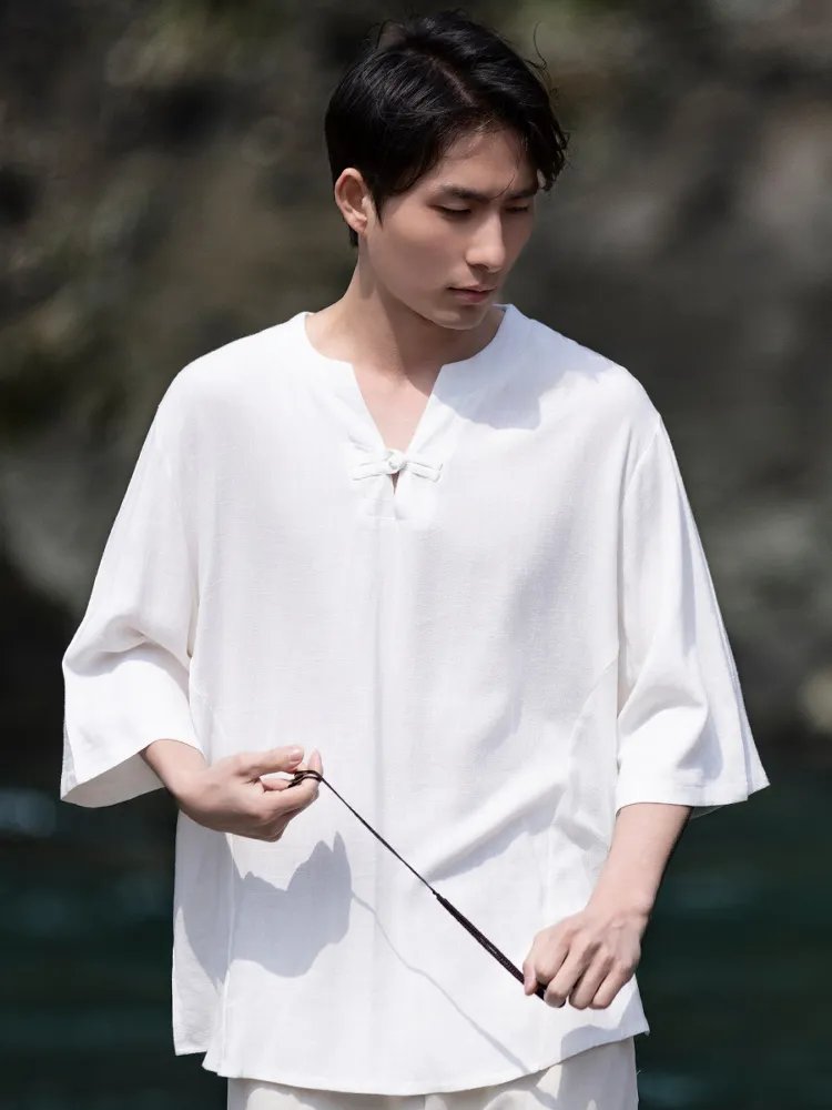 Linen Men Shirt V-Neck Tang Suit Top
