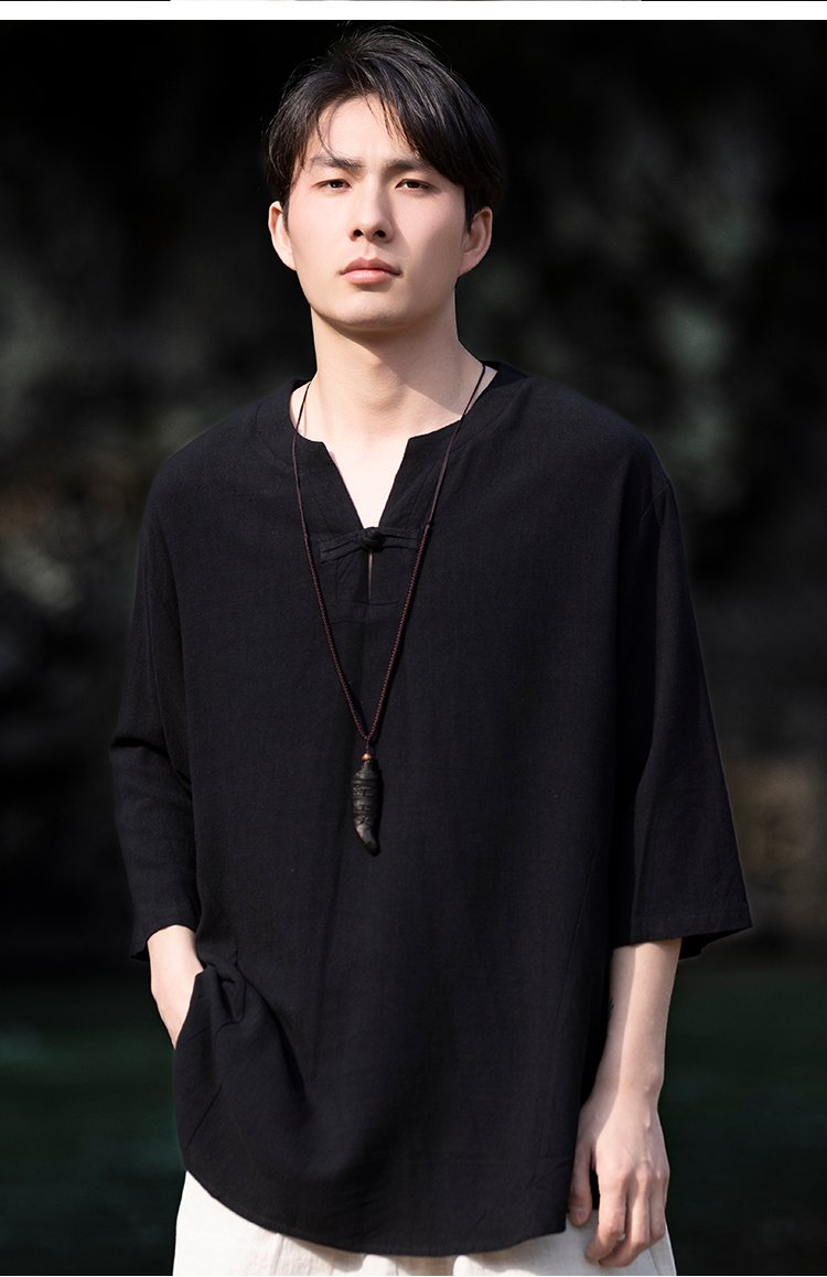 Linen Men Shirt V-Neck Tang Suit Top