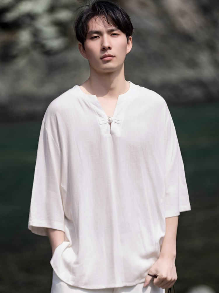 Linen Men Shirt V-Neck Tang Suit Top