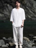 Linen Men Shirt V-Neck Tang Suit Top - Image 2