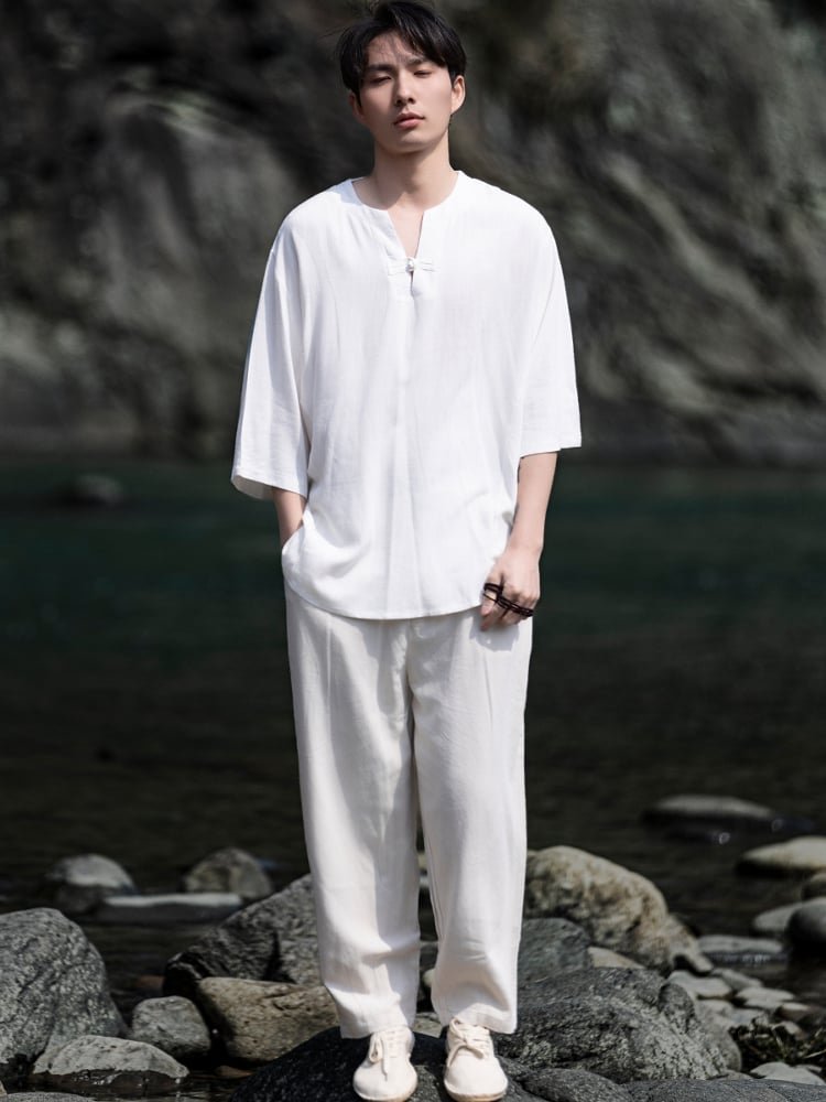 Linen Men Shirt V-Neck Tang Suit Top