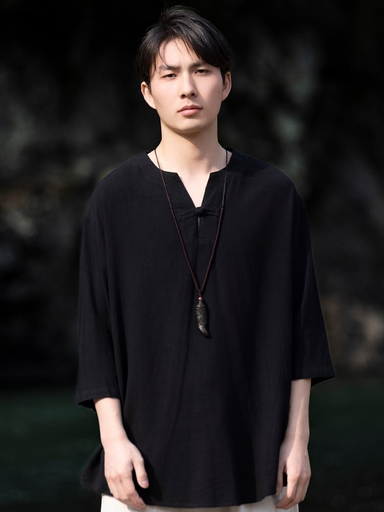 Linen Men Shirt V-Neck Tang Suit Top