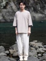 Linen Shirt for Men Round Neck Cotton Linen Tee - Image 5