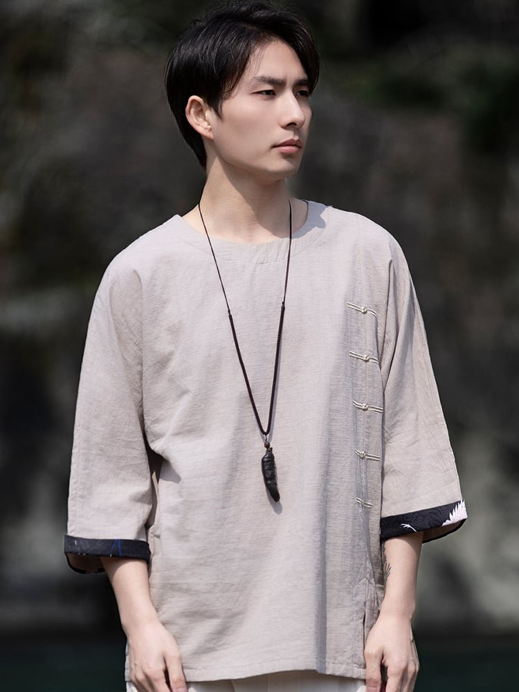 Linen Shirt for Men Round Neck Cotton Linen Tee