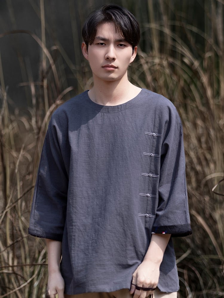 Linen Shirt for Men Round Neck Cotton Linen Tee