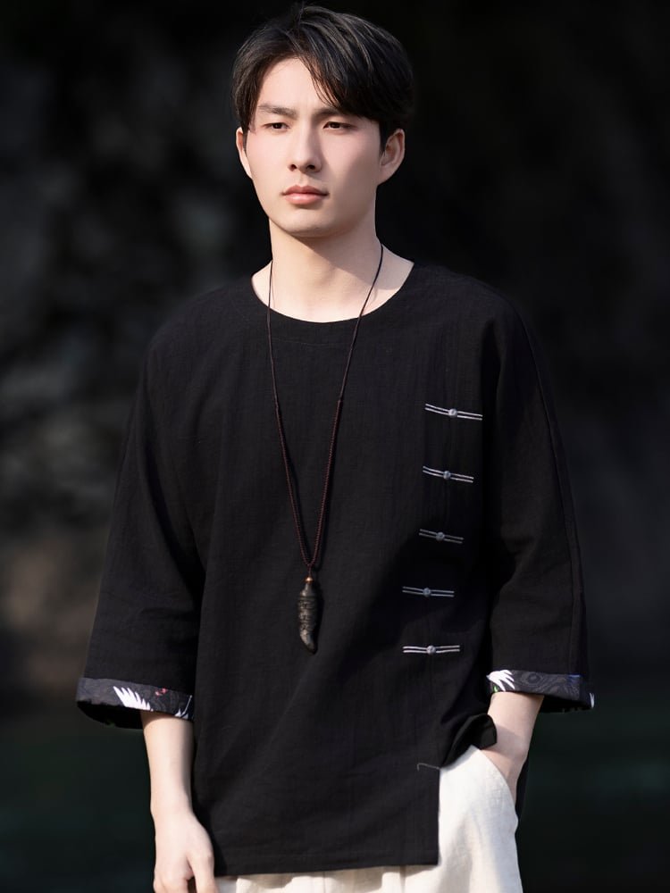 Linen Shirt for Men Round Neck Cotton Linen Tee