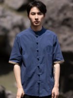Linen Short Sleeve Mens Shirts Embroidery Casual Top