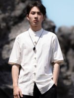 Linen Short Sleeve Mens Shirts Embroidery Casual Top - Image 2