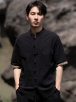 Linen Short Sleeve Mens Shirts Embroidery Casual Top - Image 3