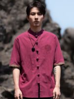 Linen Short Sleeve Mens Shirts Embroidery Casual Top - Image 4