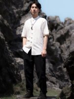 Linen Short Sleeve Mens Shirts Embroidery Casual Top - Image 5