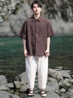 Men Linen Shirts Vintage Style Short Sleeve Top - Image 3