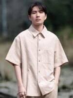 Men Linen Shirts Vintage Style Short Sleeve Top - Image 5