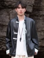 Mens Black Leather Jacket Loose Top Coat