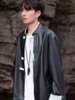 Mens Black Leather Jacket Loose Top Coat - Image 3