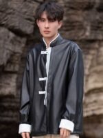 Mens Black Leather Jacket Loose Top Coat - Image 4